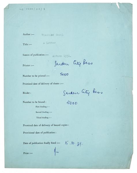 Image of typescript printing and binding information relating to A Letter to an M.P. on Disarmament (1931) page 1 of 1