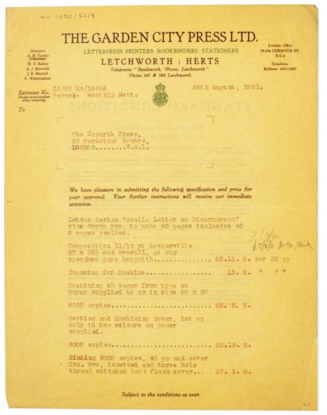 Image of typescript letter from The Garden City Press to The Hogarth Press (24/08/1931) page 1 of 3