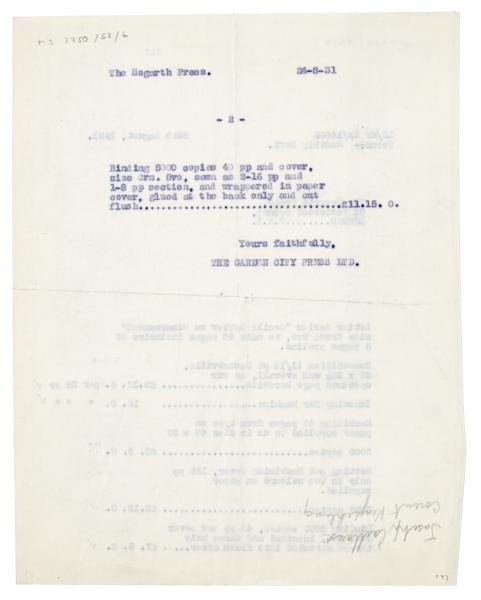 Image of typescript letter from The Garden City Press to The Hogarth Press (24/08/1931) [2] page 2 of 2