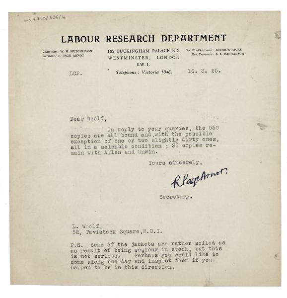 Image of letter from the Labour Research Department to Leonard Woolf (16/03/1925) page 1 of 1