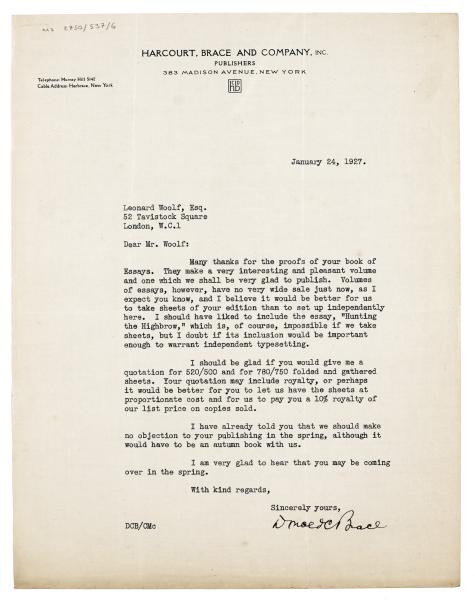 Image of typescript letter from Harcourt, Brace and Company, Inc. to Leonard Woolf (24/01/1927)  page 1 of 1