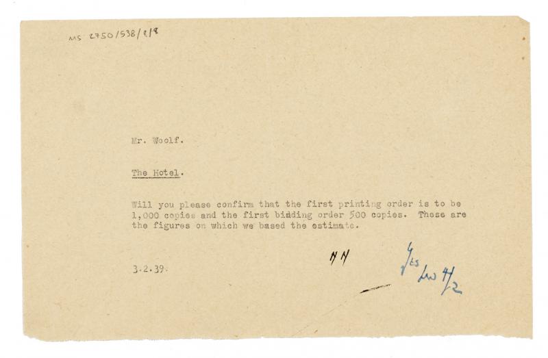 typescript internal memo of The Hogarth Press addressed to Leonard Woolf (03/02/1939) page 1 of 1