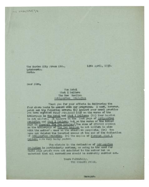 Image of letter from the Hogarth Press to the Garden City Press (12/04/1939) page 1 of 1