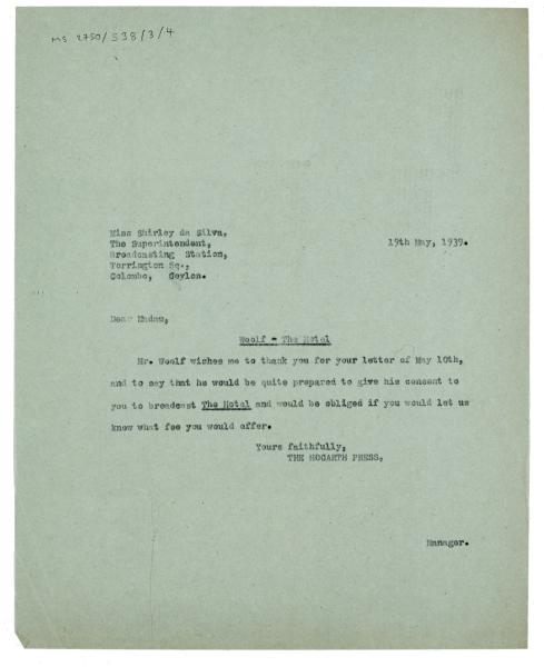 image of typescript letter from the Hogarth Press to the Office of the Superintendent Broadcasting Station Ceylon  (19/05/1939)
