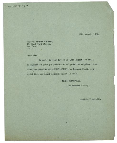 Image  of letter from The Hogarth Press to Harper & Brothers Publishers (26/08/1936) page 1 of 1