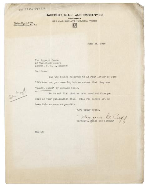 Image of typescript letter from Harcourt Brace & Company Inc. to the Hogarth Press (25/06/1935) page 1 of 1