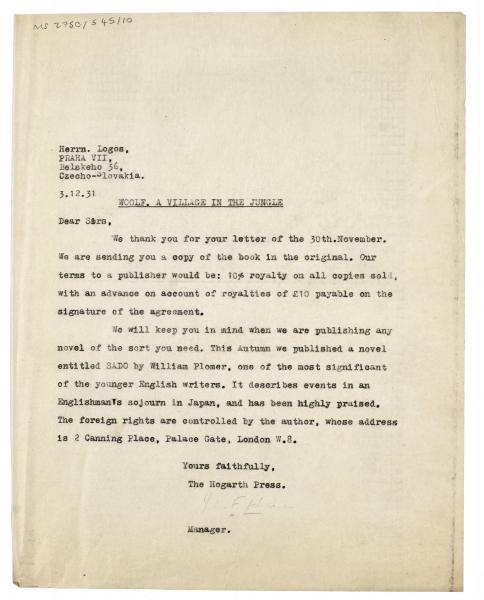 Image of typescript letter from John Lehmann to Logos Agency of Prague (03/12/1931