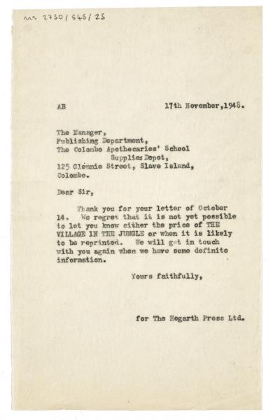 Image of typescript lLetter from Aline Burch to The Colombo Apothecaries' School Supplies Depot (17/11/1948)  page 1 of 1