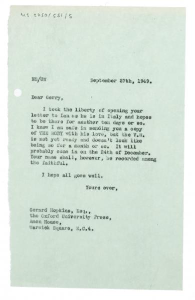Image of typescript letter from Norah Smallwood to Gerard Hopkins (27/09/1949) page 1 of 1 