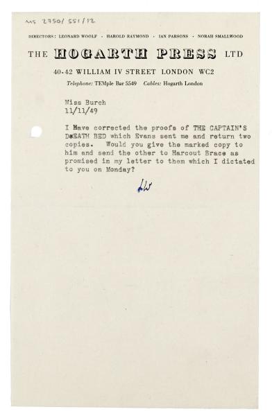 Image of typescript letter from Leonard Woolf to Aline Burch (11/11/1949) page 1 of 1