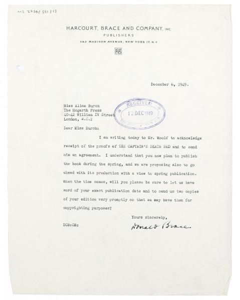 image of typescript letter from Donald C. Brace to Aline Burch (06/12/1949) page 1 of 1