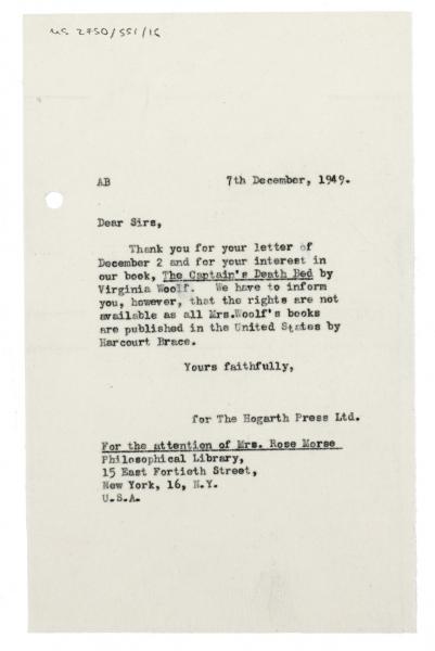 Image of typescript letter from Aline Burch to Philosophical Library (07/12/1949) page 1 of 1