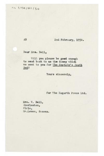 Image of typescript letter from Aline Burch to Vanessa Bell (02/02/1950) page 1 of 1