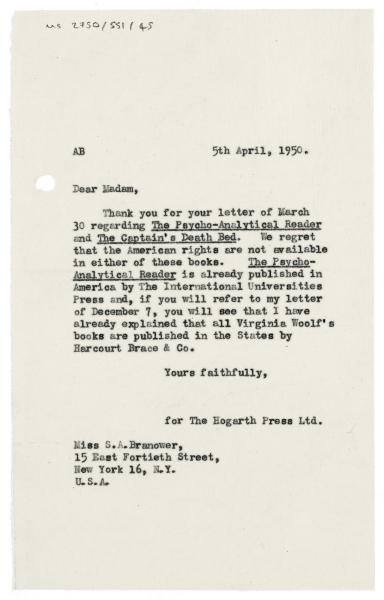 Image of typescript letter from Aline Burch to Philosophical Society (05/04/1950) page 1 of 1 