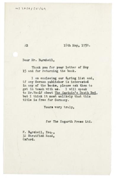 Image of typescript letter from Aline Burch to F. Burchell (18/05/1950) page 1 of 1
