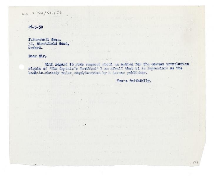 Image of typescript letter from The Hogarth Press to F. Burchell (26/05/1950) page 1 of 1