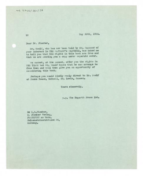 Image of typescript letter from The Hogarth Press to S. Fischer Verlag  (30/05/1950) page 1 of 1