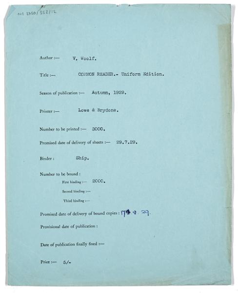 Image of typescript printing and binding delivery information for The Common Reader uniform edition (1929) page 1 of 1