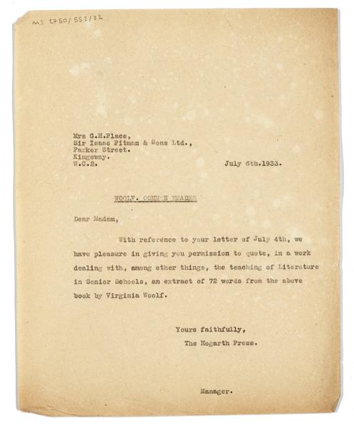 Image of typescript letter from Hogarth Press to Sir Isaac Pitman & Sons Limited (06/07/1933) page 1 of 1