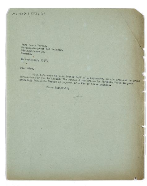 Image of typescript letter from Leonard Woolf to Karl Rauch Verlag (16/09/1938) page 1 of 1