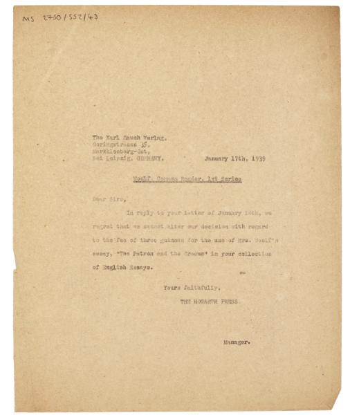 Image of typescript letter from The Hogarth Press to Karl Rauch Verlag (17/01/1939) page 1 of 1
