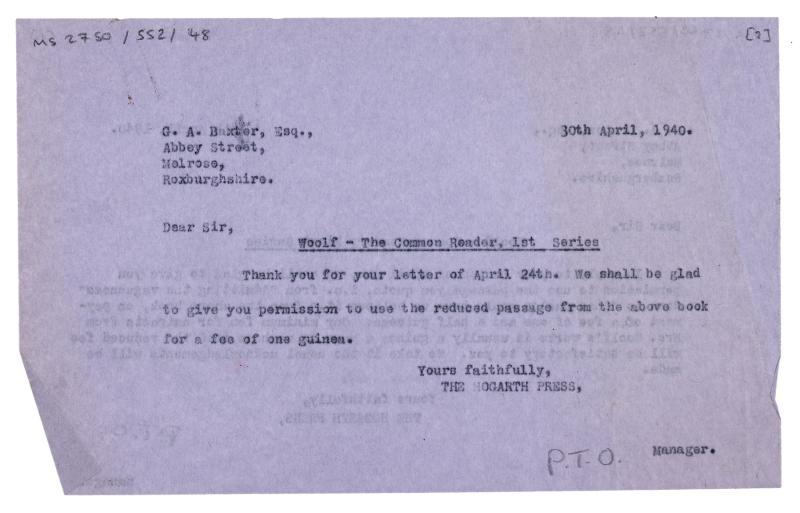Image of second typescript letter from The Hogarth Press to Gordon A Baxter (30/04/1940) image 2 of 2