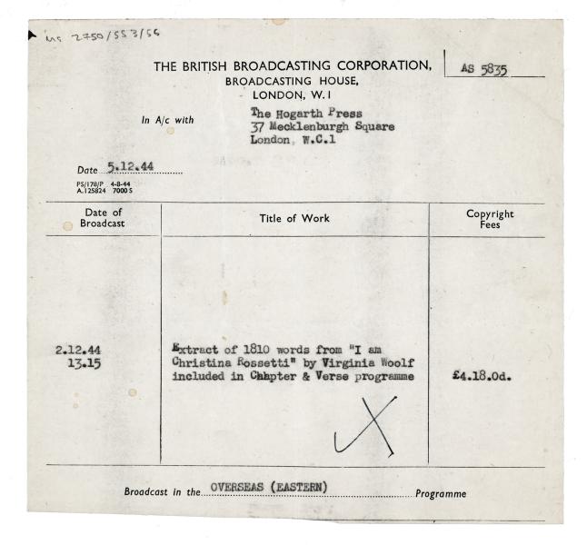 Telegram from the British Broadcasting Corporation to Hogarth Press (12 May 1944)