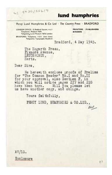 Image of a Letter from Percy Lund Humphries & Company to the Hogarth Press (04/05/1945)