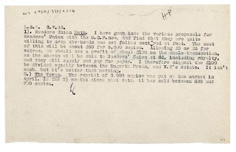 Image of typescript memo relating to the Death of the Moth (08/07/1943) page 1 of 1