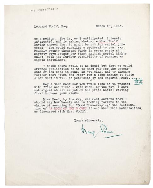 Image of a Letter form Curtis Brown Ltd to Leonard Woolf at The Hogarth Press (16/03/1933)