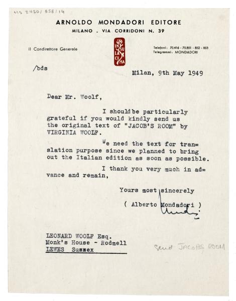 Image of a Letter from Arnoldo Mondadori Editore to Leonard Woolf (09/05/1949)