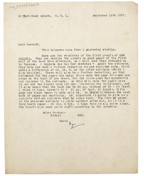 Image of typescript letter from Angus Davidson to Leonard Woolf (13/09/1927)  page 1 of 1