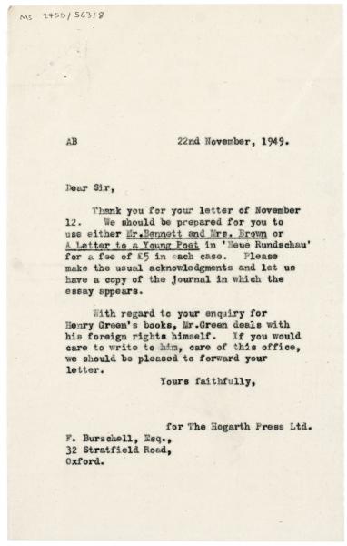 image of typescript letter from Letter from Aline Burch to Friedrich Burschell (22/11/1949) page one of one