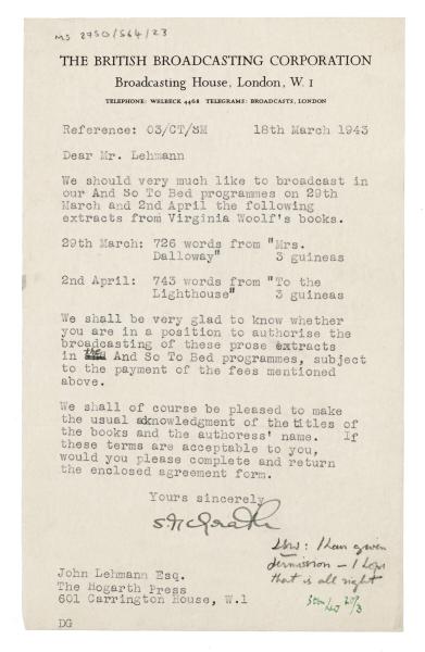 Image of a Letter from the British Broadcasting Corporation (BBC) to John Lehmann (18/03/1943)