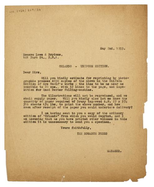 Image of typescript letter from The Hogarth Press to Lowe & Brydone Ltd. (02/05/1933) page 1 of 1