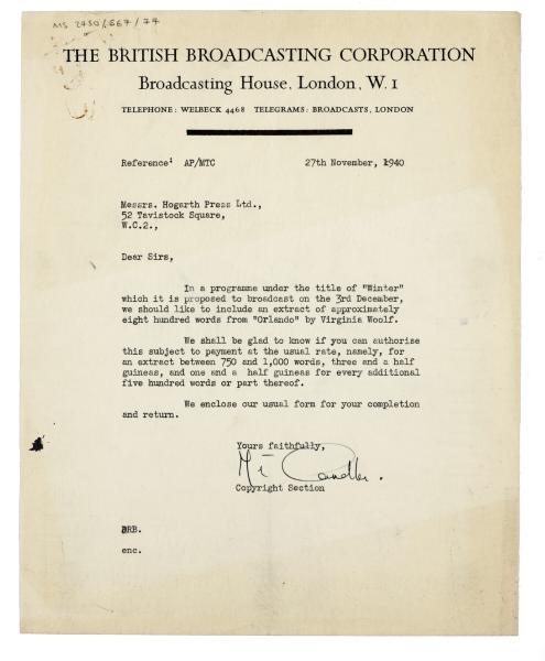 Image of a Letter from The British Broadcasting Corporation (BBC) to The Hogarth Press (27/11/1940)
