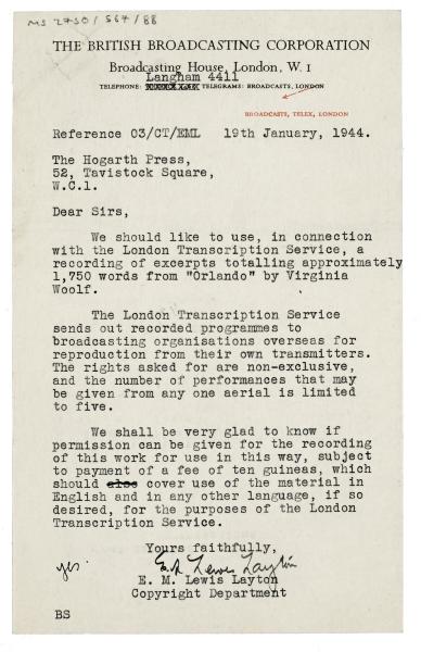 Image of a Letter from The British Broadcasting Corporation (BBC) to The Hogarth Press (19/01/1944)