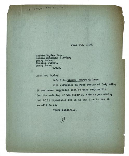 Image of typescript letter from the Hogarth Press to Spalding & Hodge (06/07/1938) page 1 of 1