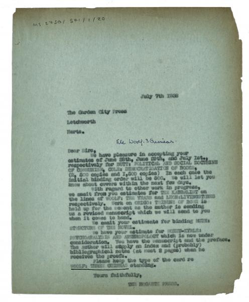 Image of typescript letter from the Hogarth Press to the Garden City Press Ltd. (07/07/1938) page 1 of 1
