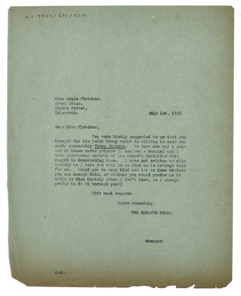 Image of typescript letter from the Hogarth Press to the Six Point Group  (01/07/1938) page 1 of 1