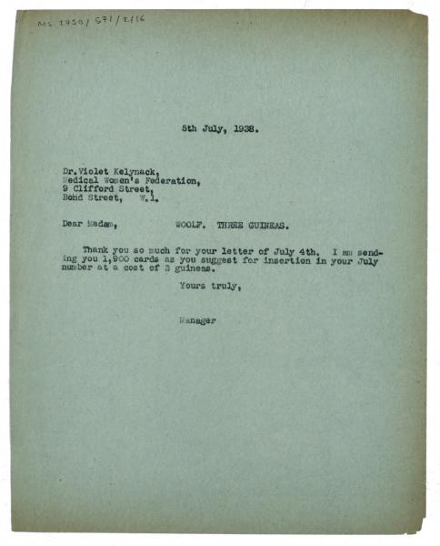 Image of typescript letter from the Hogarth Press to the Medical Women's Federation (05/07/1938)  page 1 of 1