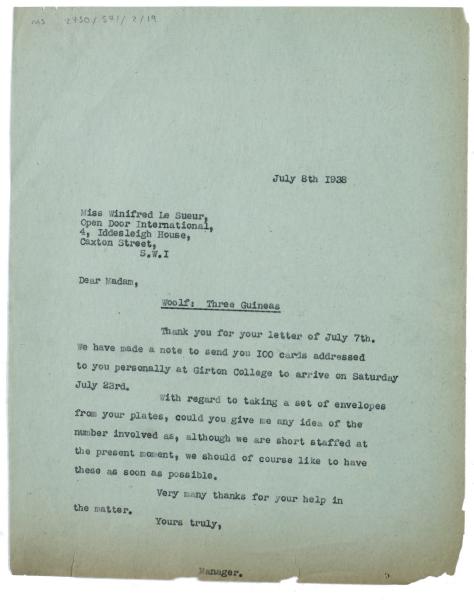 Image of typescript letter from the Hogarth Press to Miss Winifred Le Sueur (08/07/1938) page 1 of 1