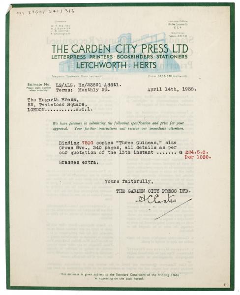 Typescript letter from the Garden City Press Ltd. to the Hogarth Press (14/04/1938) page 1 of 2