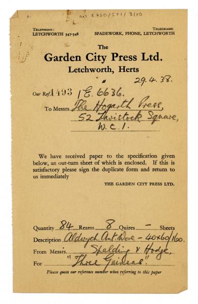 etImage of letter from the Garden City Press Ltd. to the Hogarth Press (29/04/1938) page 1 of 1