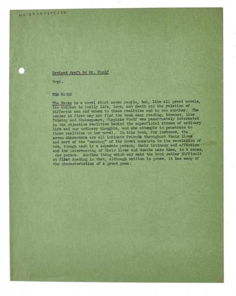 Image of typescript copy of revised draft of Leonard Woolf's blurb for The Waves (c. 1950) page 1 of 1