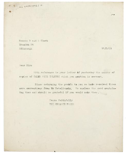 Image of typescript letter from The Hogarth Press to R. & R. Clark (11/05/1923) page 1 of 1