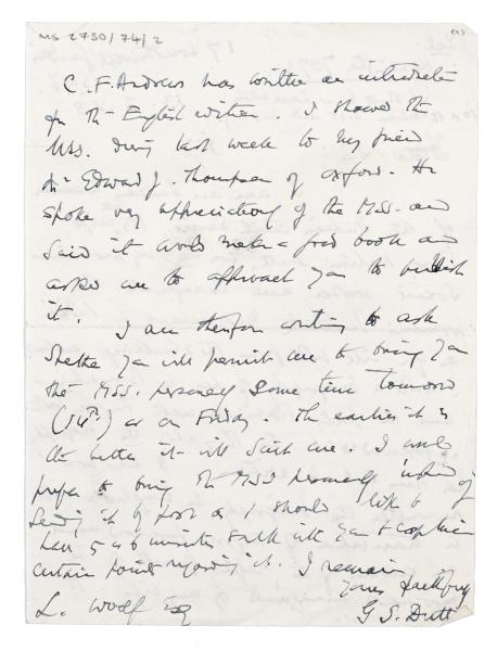 Image of handwritten letter from G. S. Dutt to Leonard Woolf (13/02/1928) page 2 of 2