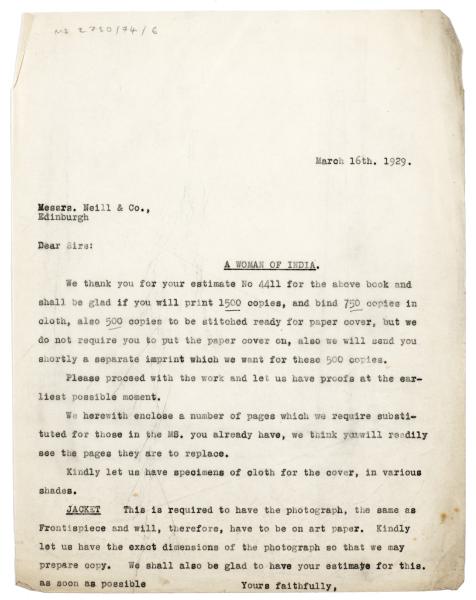 Image of typescript letter from The Hogarth Press to Neil & Co., Ltd (16/03/1929) page 1 of 1