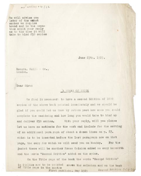 Image of typescript letter from The Hogarth Press to Neil & Co., Ltd (27/06/1929) page 1 of 1