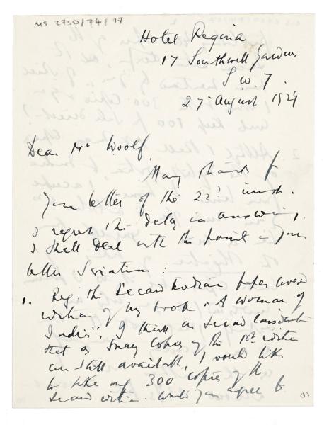 Image of handwritten letter from G. S. Dutt to Leonard Woolf (27/08/1929) page 1 of 4
